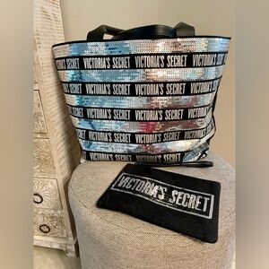 Victoria's Secret Striped Sequin Pattern Tote & Wristlet / Makeup bag